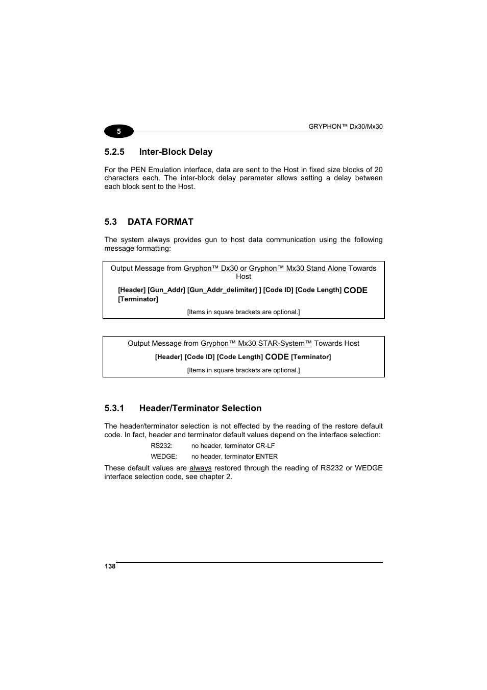 Inter-block delay, Data format, Header/terminator selection | Datalogic Scanning GRYPHONTM MX30 User Manual | Page 148 / 197