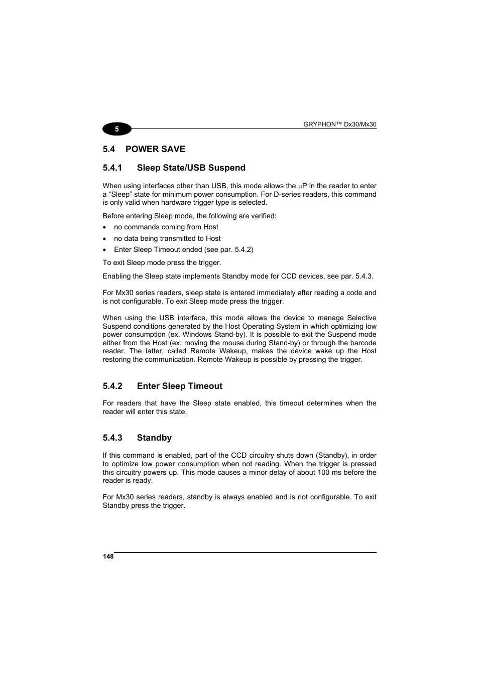 Power save, Sleep state/usb suspend, Enter sleep timeout | Standby | Datalogic Scanning GRYPHONTM MX30 User Manual | Page 158 / 197