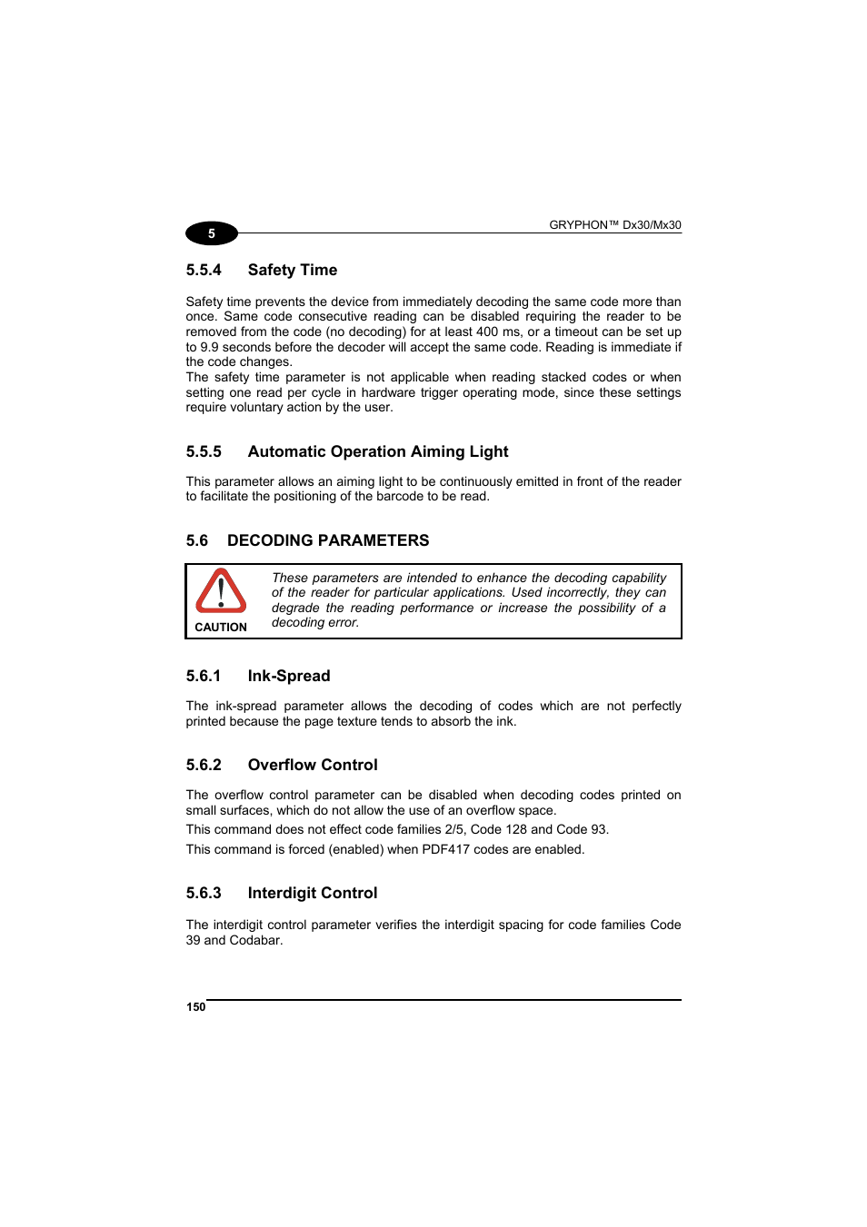 Safety time, Automatic operation aiming light, Decoding parameters | Ink-spread, Overflow control, Interdigit control | Datalogic Scanning GRYPHONTM MX30 User Manual | Page 160 / 197