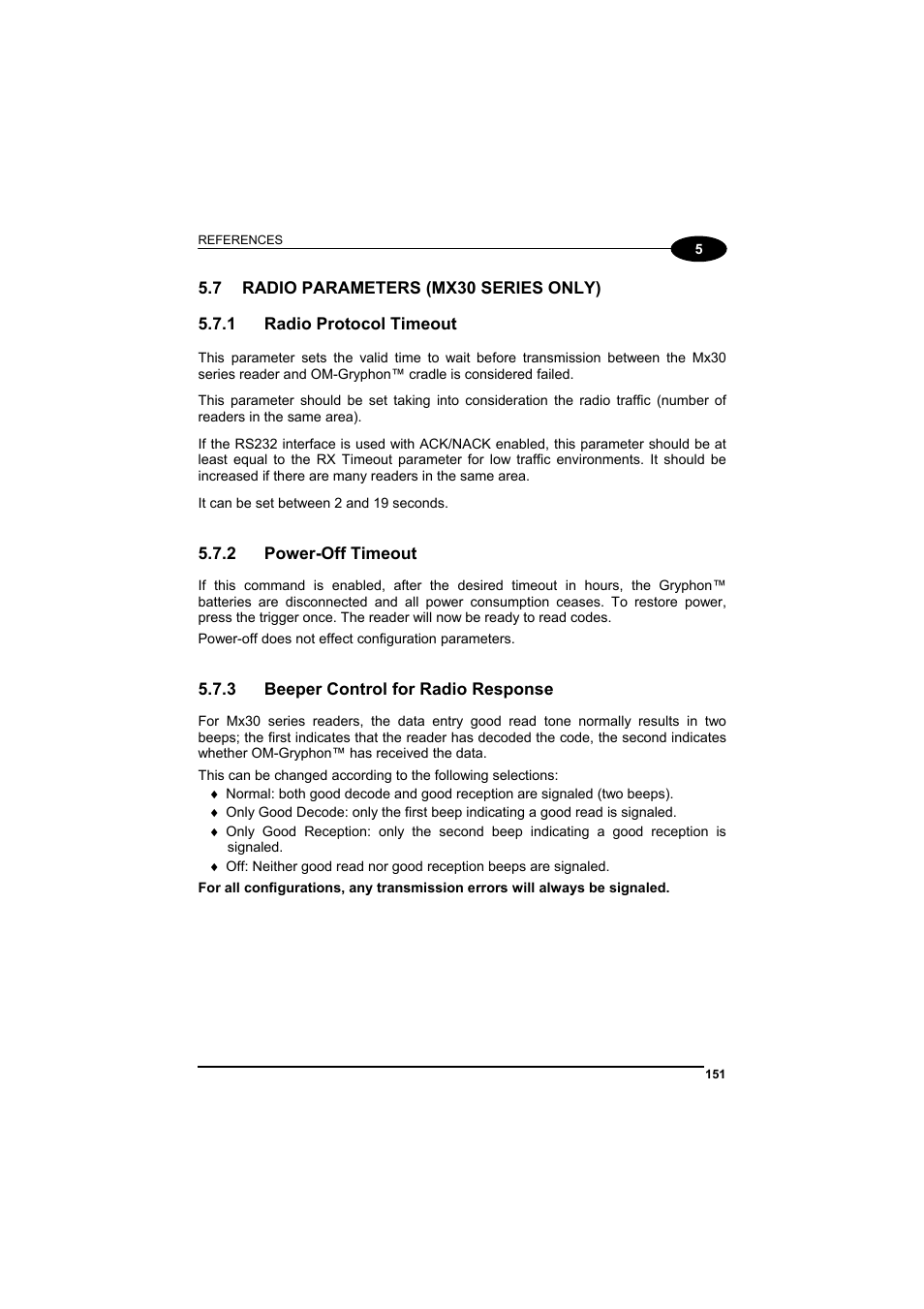 Radio parameters (mx30 series only), Radio protocol timeout, Power-off timeout | Beeper control for radio response, 7 radio parameters (mx30 series only), 1 radio protocol timeout, 2 power-off timeout, 3 beeper control for radio response | Datalogic Scanning GRYPHONTM MX30 User Manual | Page 161 / 197