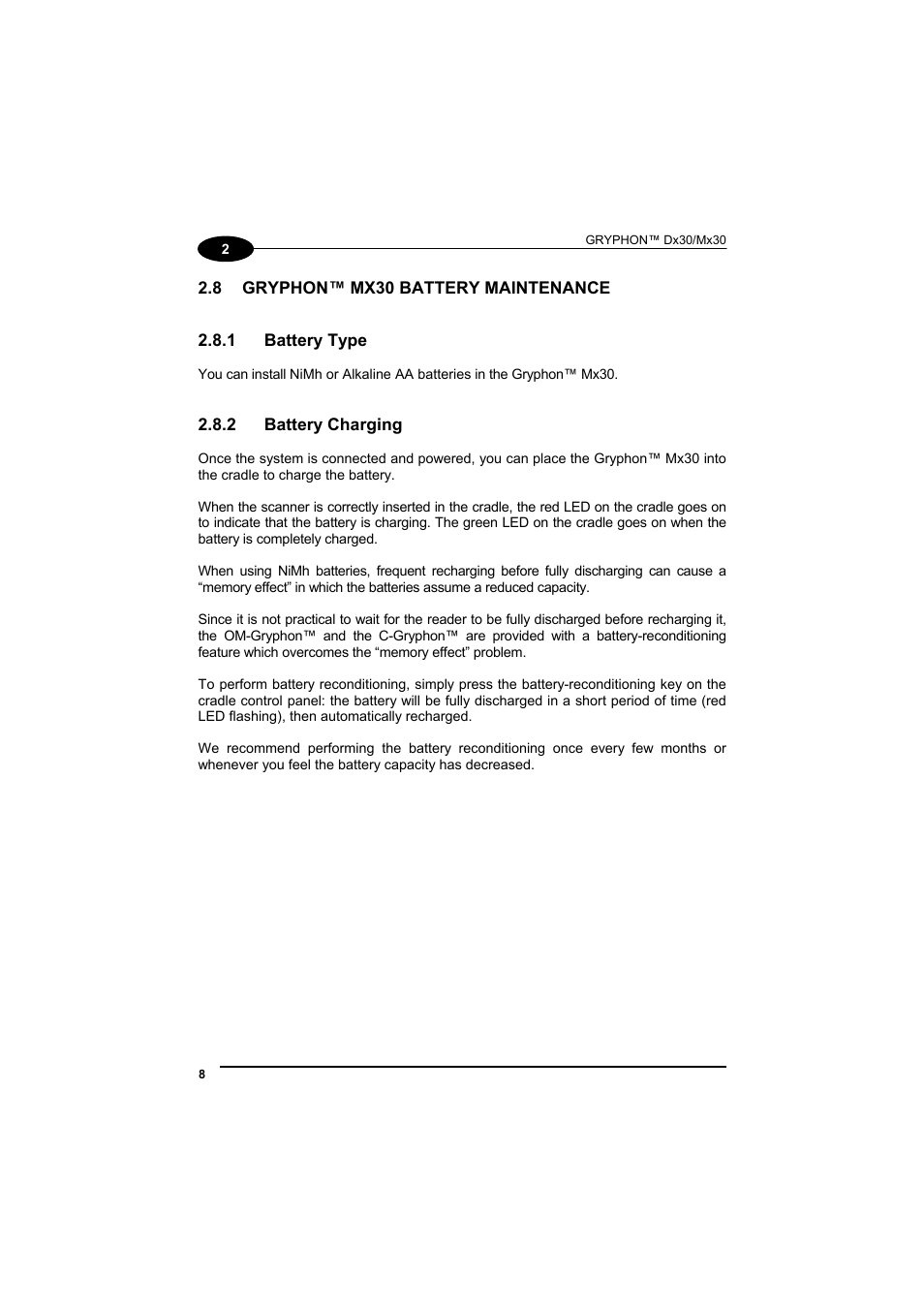 Gryphon™ mx30 battery maintenance, Battery type, Battery charging | Datalogic Scanning GRYPHONTM MX30 User Manual | Page 18 / 197