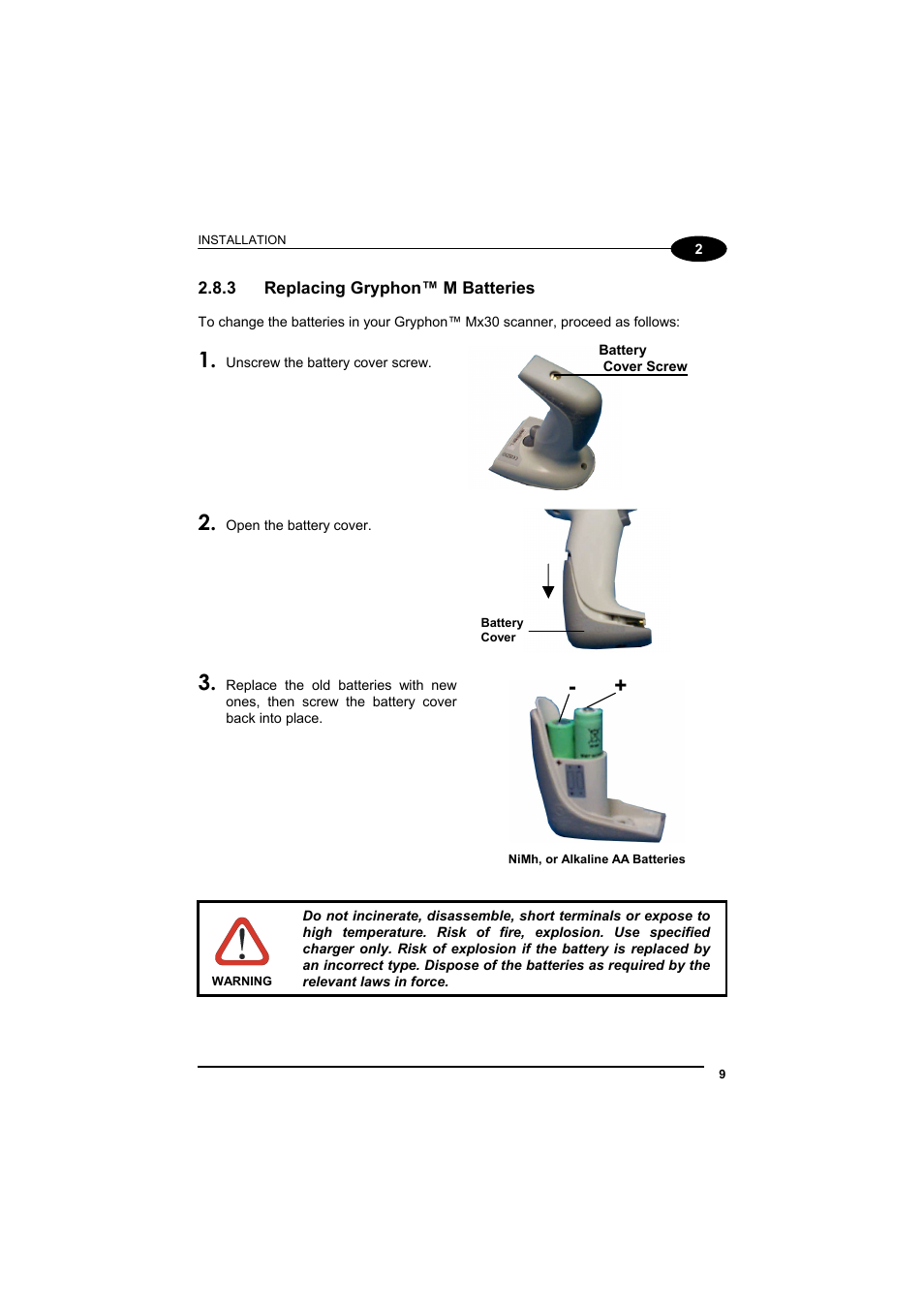 Replacing gryphon™ m batteries | Datalogic Scanning GRYPHONTM MX30 User Manual | Page 19 / 197