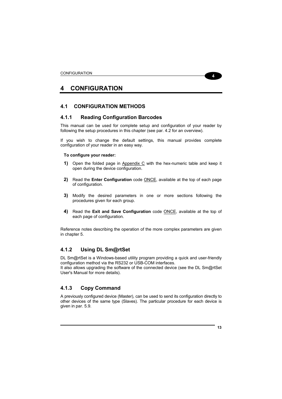 Configuration, Configuration methods, Reading configuration barcodes | Using dl sm@rtset, Copy command, 4 configuration | Datalogic Scanning GRYPHONTM MX30 User Manual | Page 23 / 197