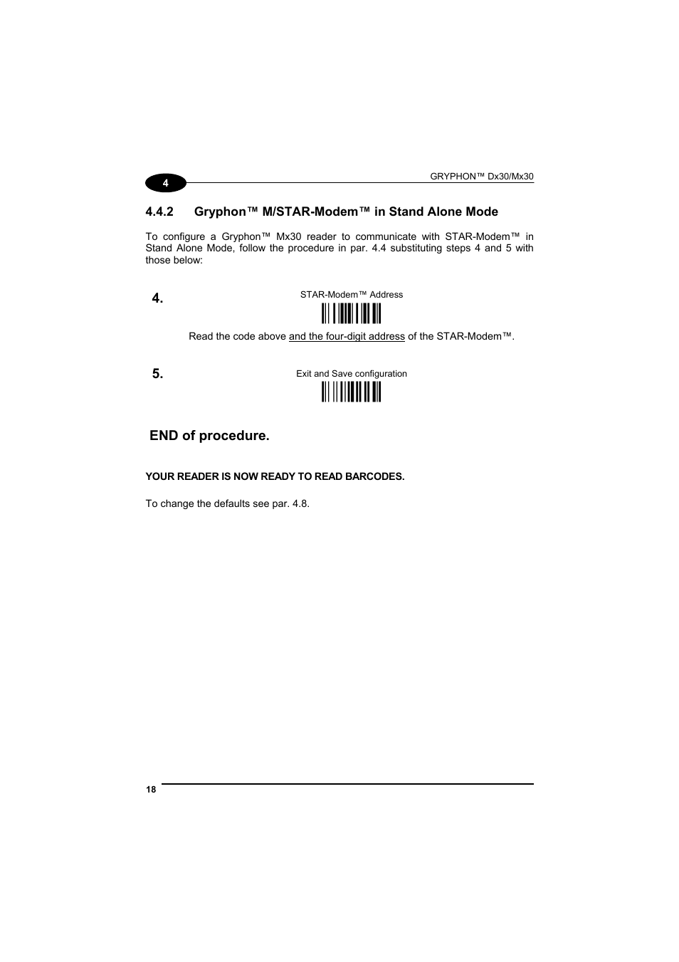 Gryphon™ m/star-modem™ in stand alone mode, Ìrsrî, М$-?о | End of procedure | Datalogic Scanning GRYPHONTM MX30 User Manual | Page 28 / 197