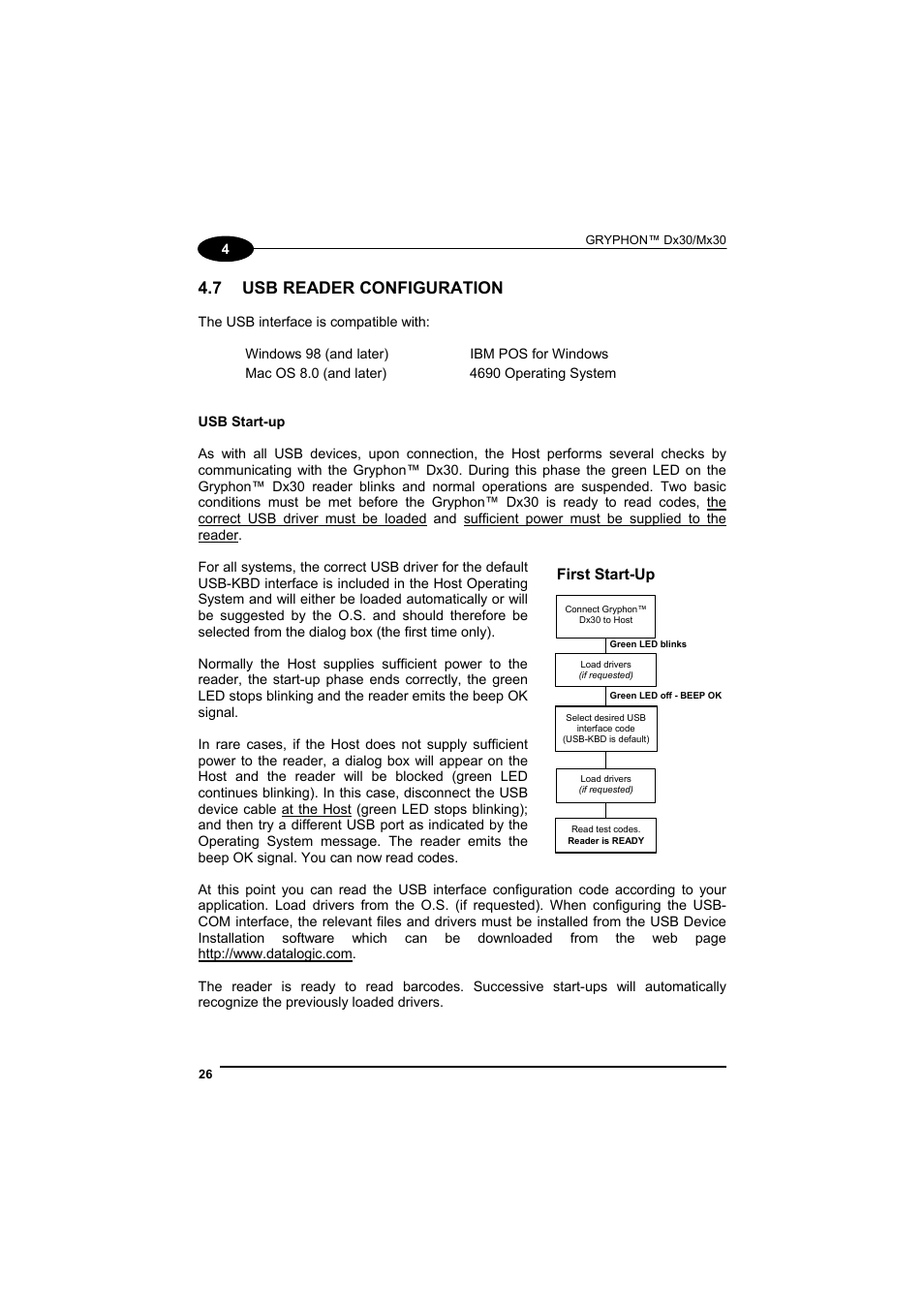 Usb reader configuration, 7 usb reader configuration, First start-up | Datalogic Scanning GRYPHONTM MX30 User Manual | Page 36 / 197