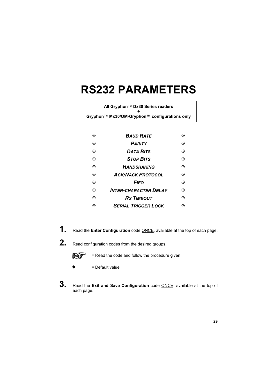 Rs232 parameters | Datalogic Scanning GRYPHONTM MX30 User Manual | Page 39 / 197