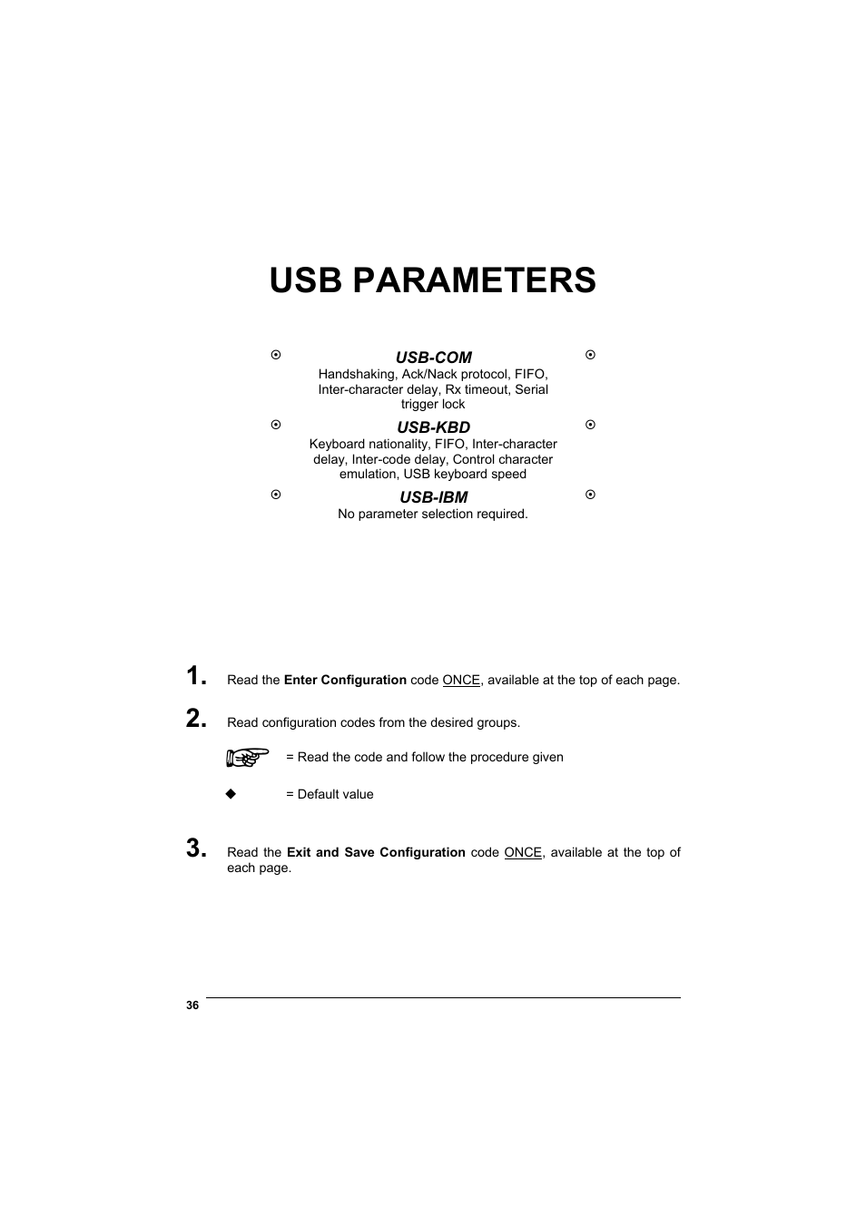 Usb parameters | Datalogic Scanning GRYPHONTM MX30 User Manual | Page 46 / 197