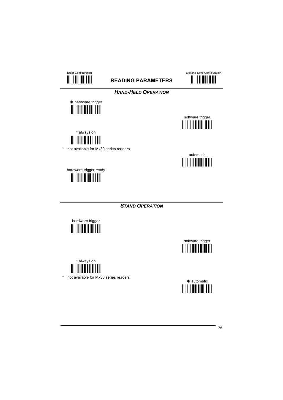 Hand-held operation, Stand operation, М$+;о | М$-?о, Ìbk1eî, Ìbk0bî, Ìbk3kî, Ìbk2hî, Ìbk4nî, Мbu3го | Datalogic Scanning GRYPHONTM MX30 User Manual | Page 85 / 197