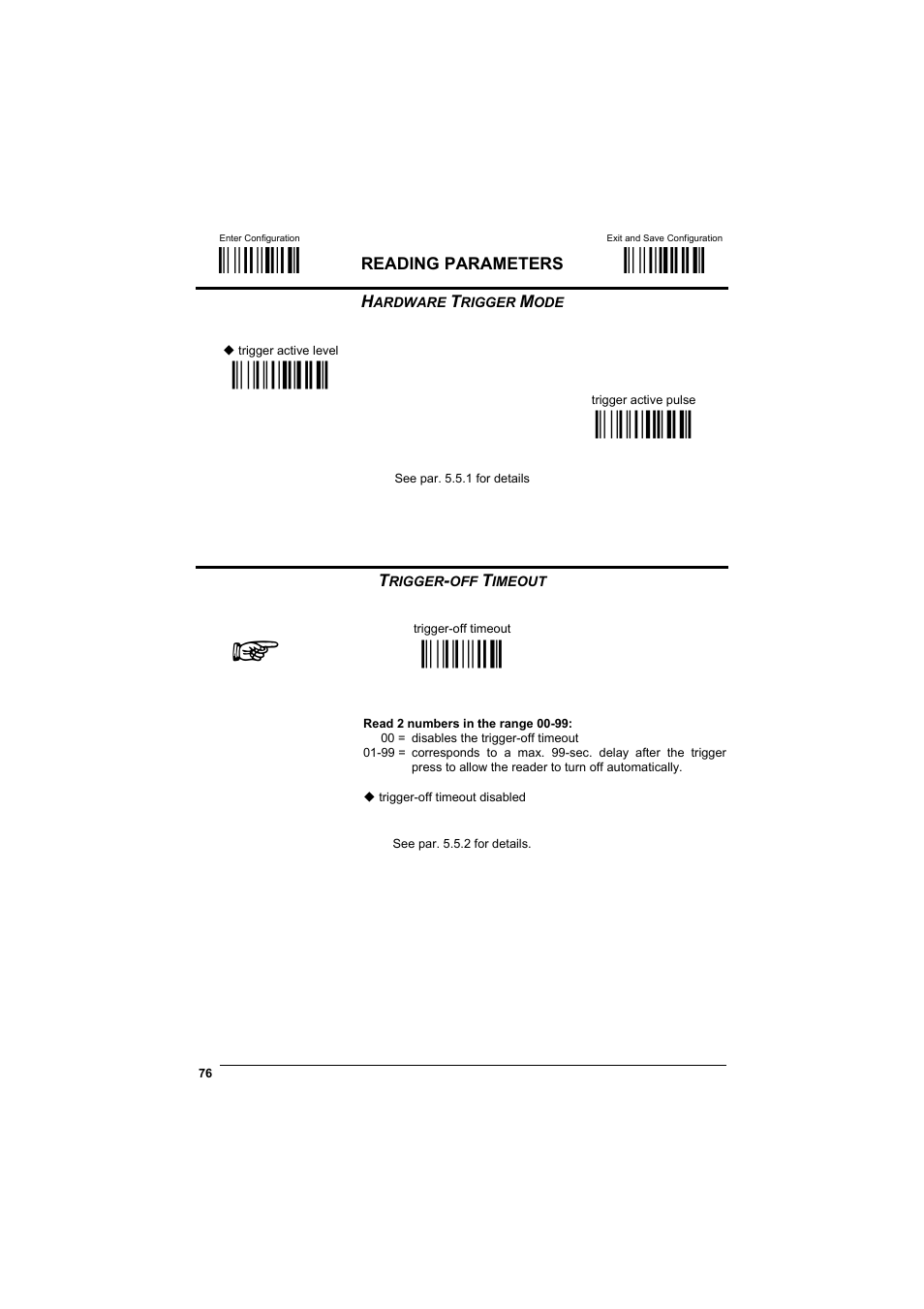 Hardware trigger mode, Trigger-off timeout, М$+;о | М$-?о, Ìba0nî, Ìba1qî, Мbd$о | Datalogic Scanning GRYPHONTM MX30 User Manual | Page 86 / 197