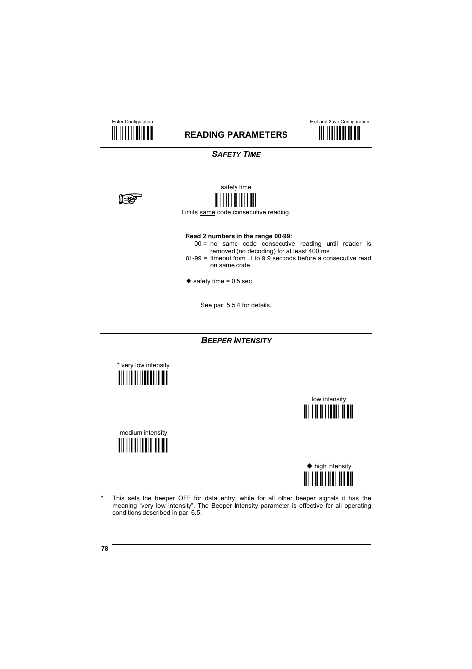 Safety time, Beeper intensity, М$+;о | М$-?о, Ìbe&î, Ìbg0zî, Мbg1]о, Мbg2`о, Ìbg3cî | Datalogic Scanning GRYPHONTM MX30 User Manual | Page 88 / 197