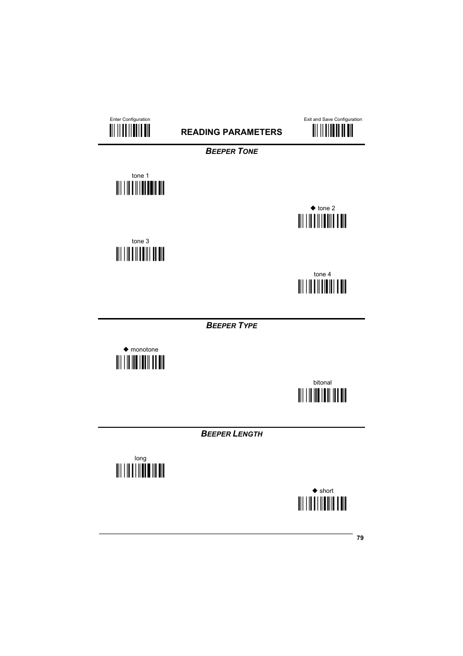 Beeper tone, Beeper type, Beeper length | М$+;о, М$-?о, Мbh0\о, Мbh1_о, Мbh2bо, Ìbh3eî, Мbj0`о | Datalogic Scanning GRYPHONTM MX30 User Manual | Page 89 / 197