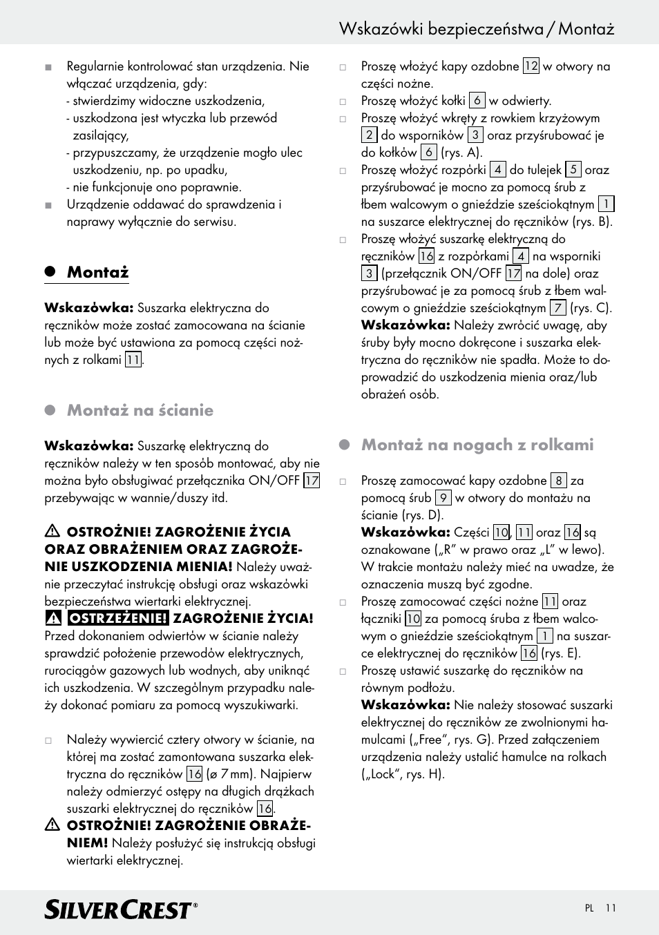 Wskazówki bezpieczeństwa / montaż, Montaż, Montaż na ścianie | Montaż na nogach z rolkami | Silvercrest Z30399 User Manual | Page 11 / 40