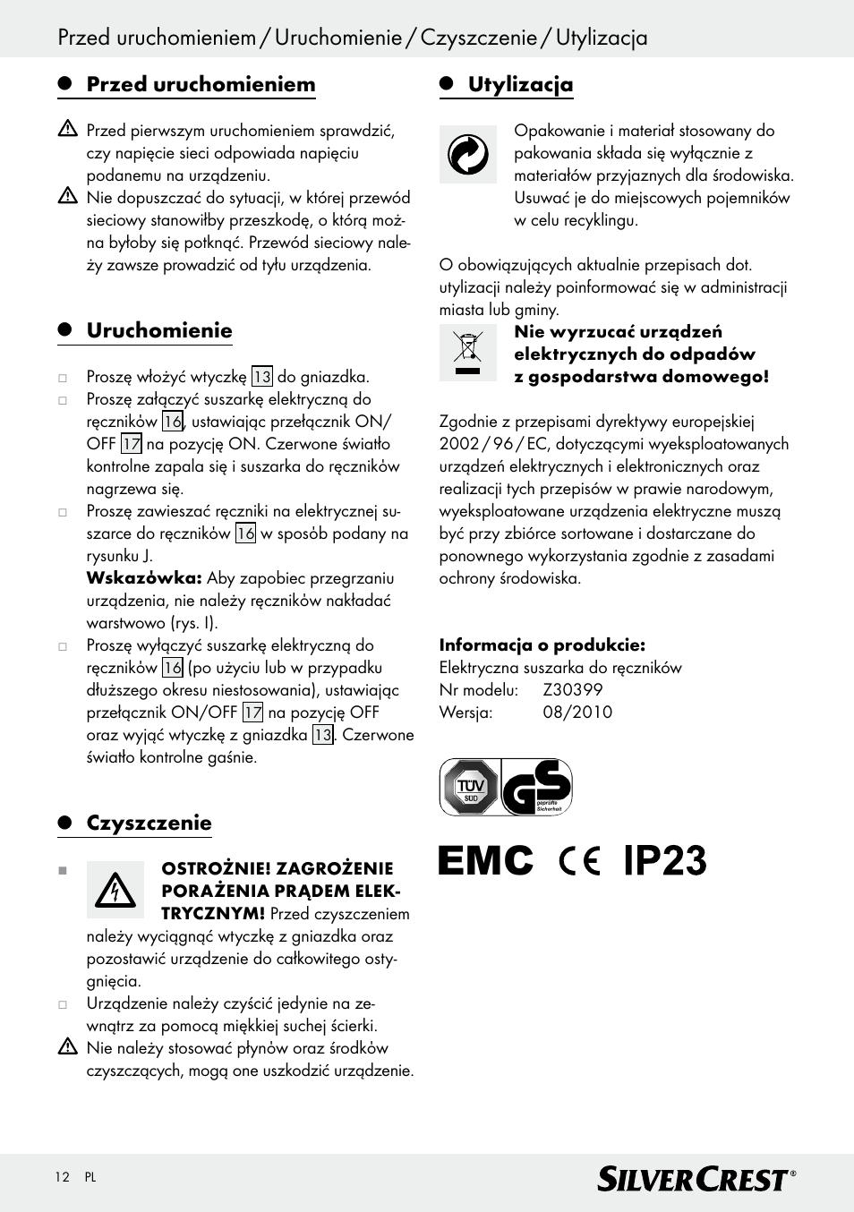 Przed uruchomieniem, Uruchomienie, Czyszczenie | Utylizacja | Silvercrest Z30399 User Manual | Page 12 / 40