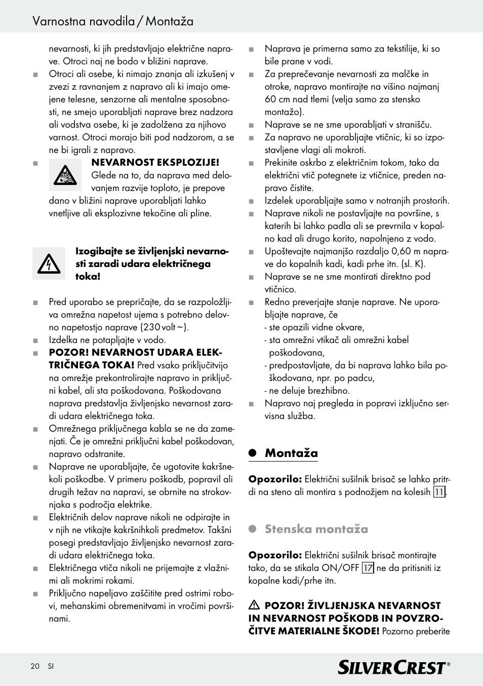 Varnostna navodila / montaža, Montaža, Stenska montaža | Silvercrest Z30399 User Manual | Page 20 / 40