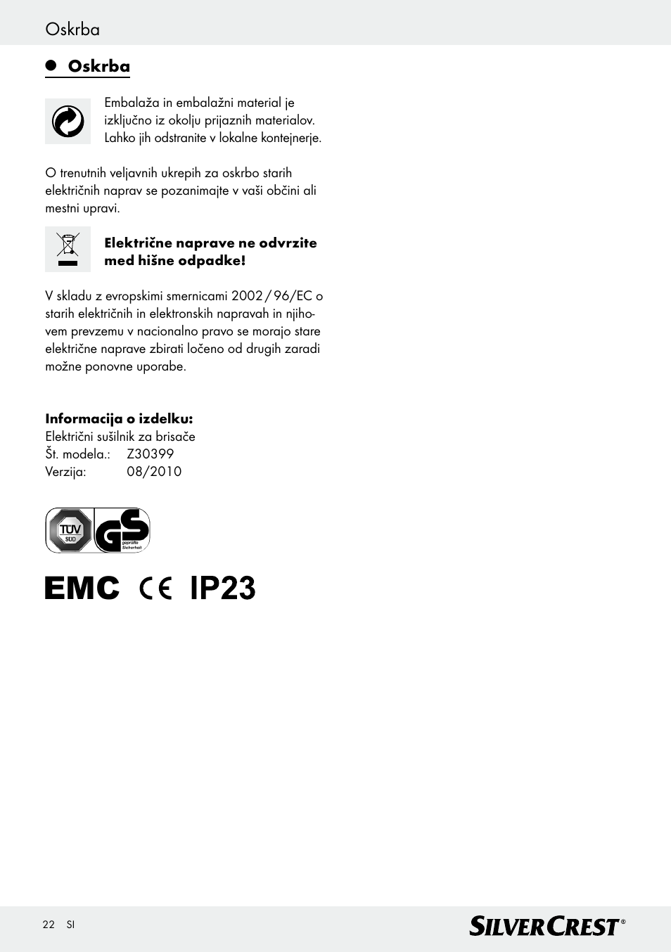 Oskrba | Silvercrest Z30399 User Manual | Page 22 / 40