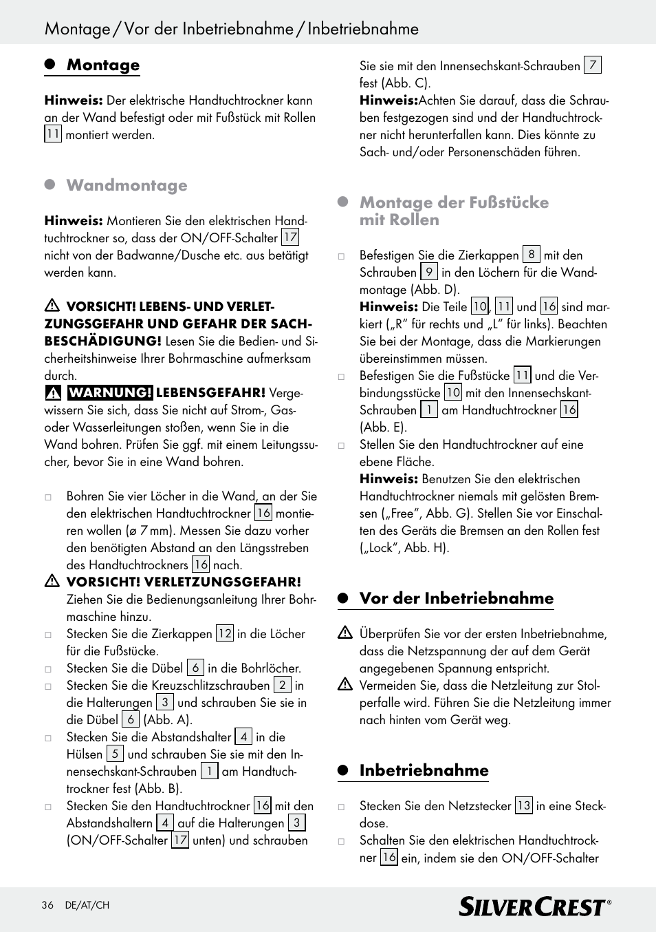Montage / vor der inbetriebnahme / inbetriebnahme, Montage, Wandmontage | Montage der fußstücke mit rollen, Vor der inbetriebnahme, Inbetriebnahme | Silvercrest Z30399 User Manual | Page 36 / 40
