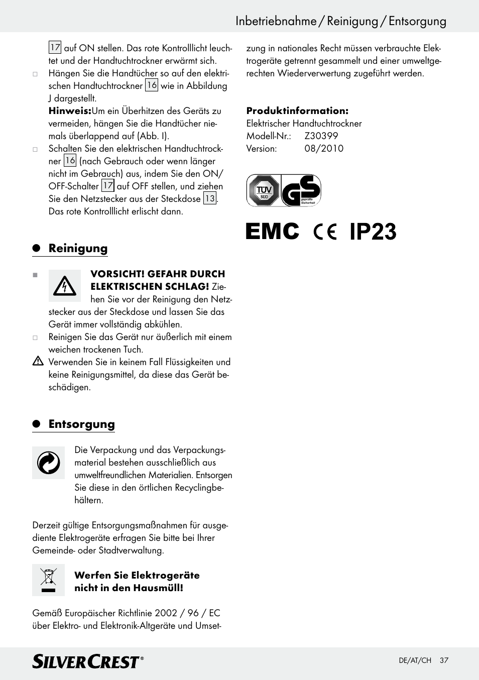 Inbetriebnahme / reinigung / entsorgung, Reinigung, Entsorgung | Silvercrest Z30399 User Manual | Page 37 / 40