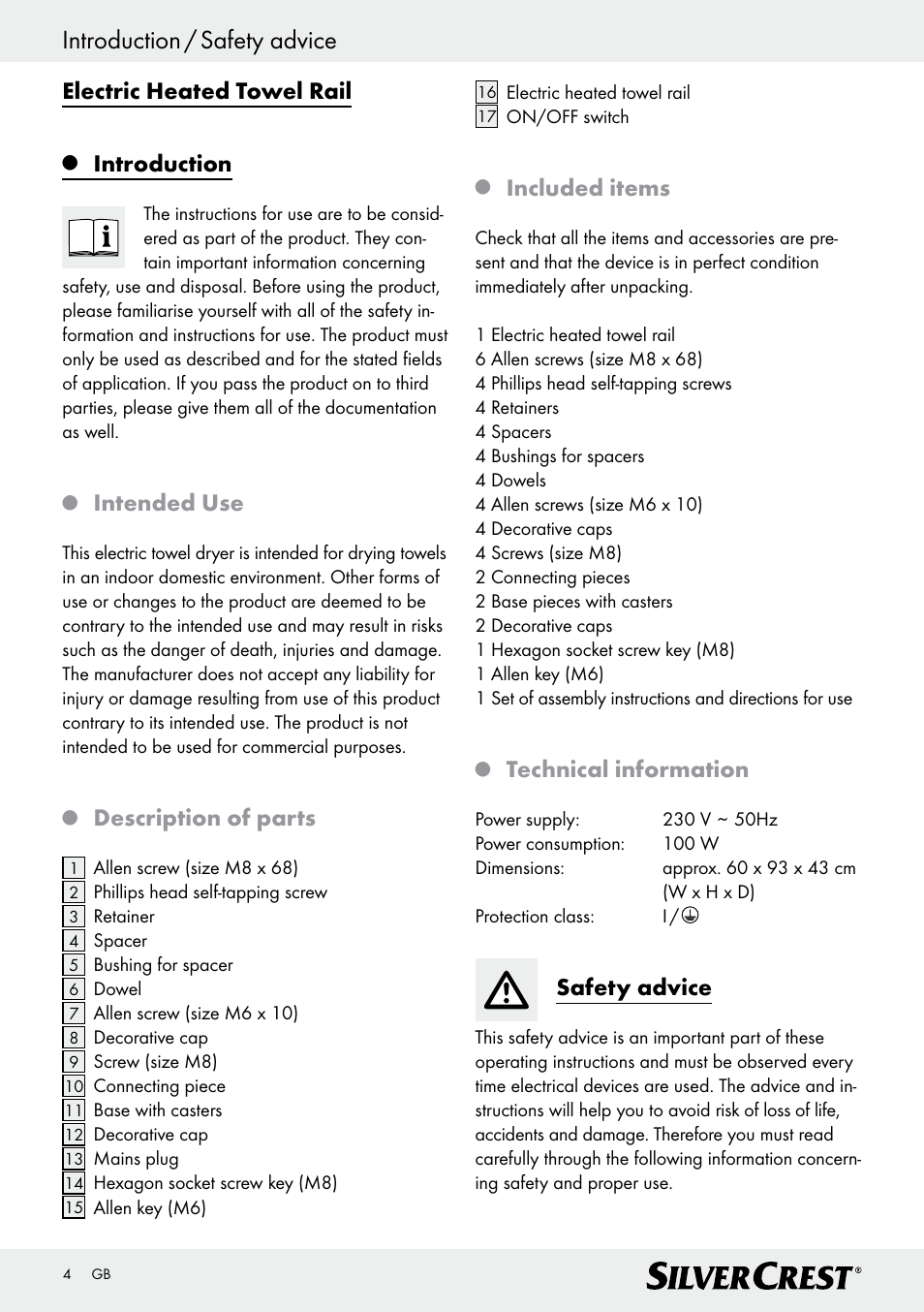 Introduction / safety advice, Electric heated towel rail, Introduction | Intended use, Description of parts, Included items, Technical information, Safety advice | Silvercrest Z30399 User Manual | Page 4 / 40