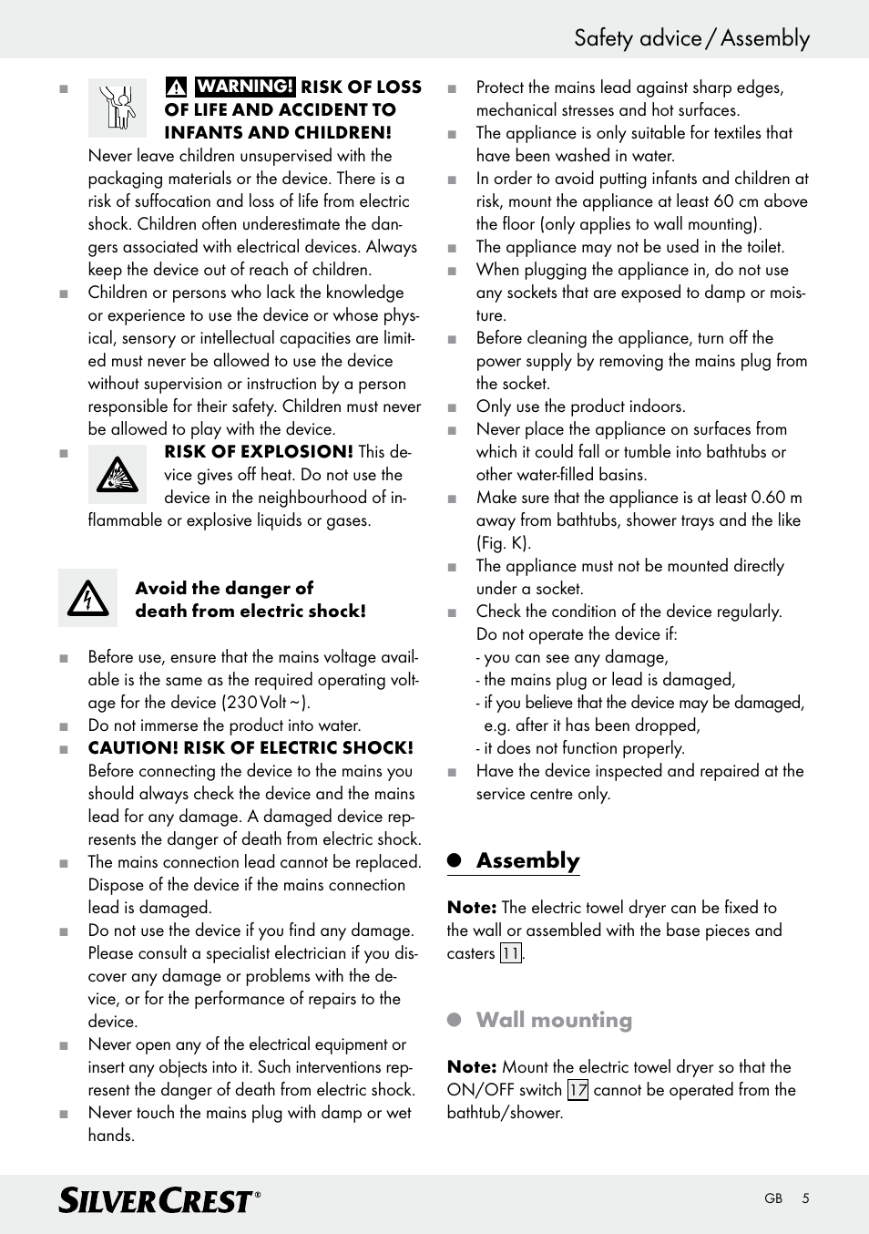 Safety advice / assembly, Assembly, Wall mounting | Silvercrest Z30399 User Manual | Page 5 / 40