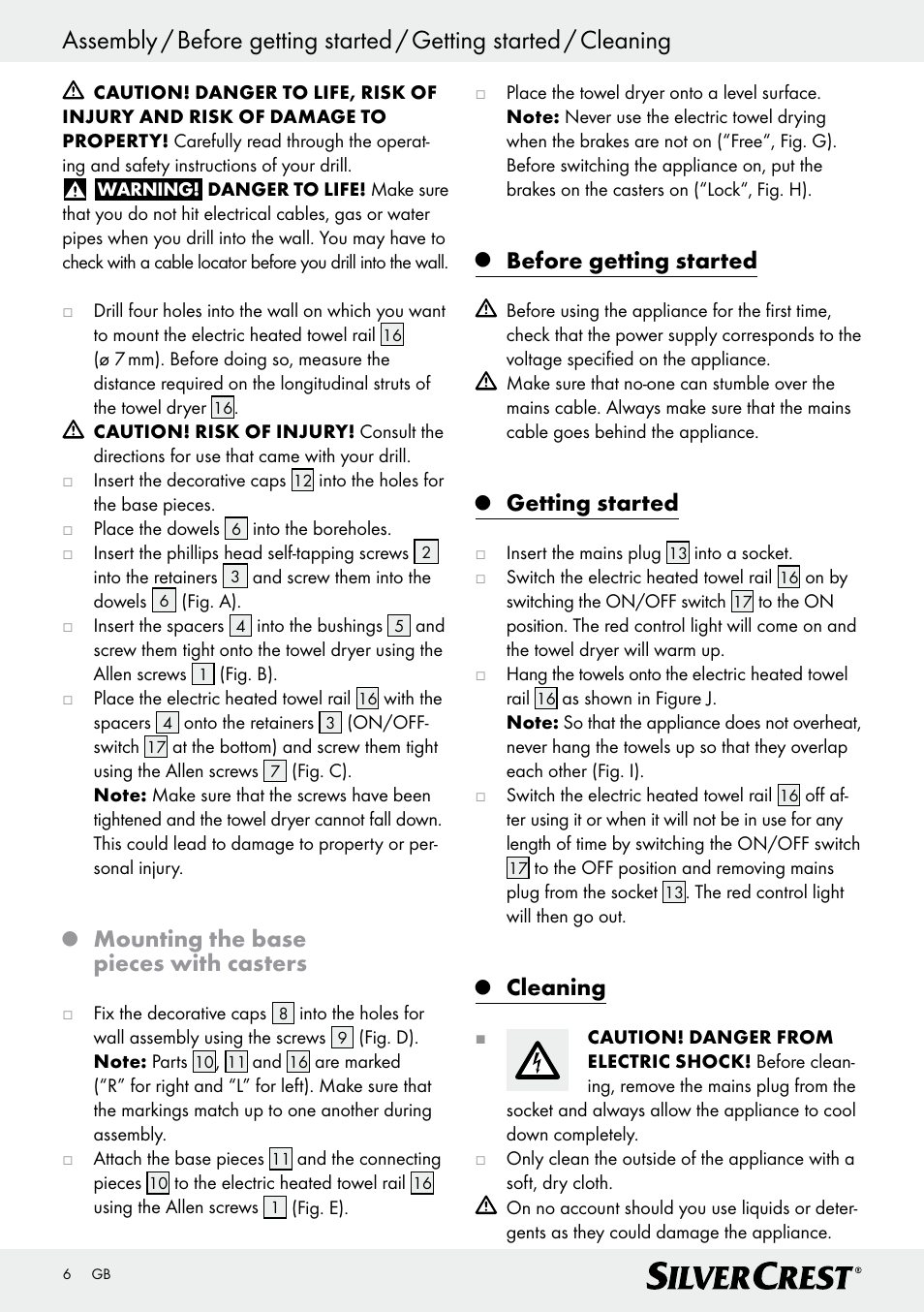 Mounting the base pieces with casters, Before getting started, Getting started | Cleaning | Silvercrest Z30399 User Manual | Page 6 / 40