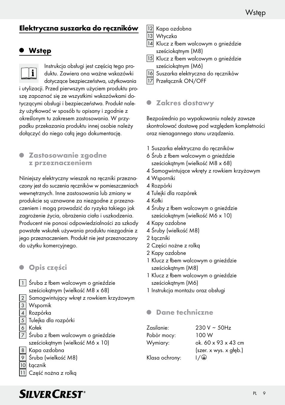 Wstęp, Spis zawartości, Elektryczna suszarka do ręczników | Zastosowanie zgodne z przeznaczeniem, Opis części, Zakres dostawy, Dane techniczne | Silvercrest Z30399 User Manual | Page 9 / 40