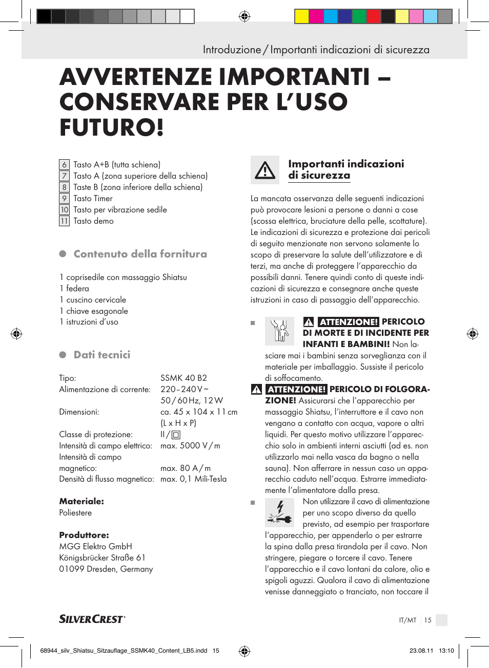 Introduzione / importanti indicazioni di sicurezza | Silvercrest SSMK 40 B2 User Manual | Page 11 / 40