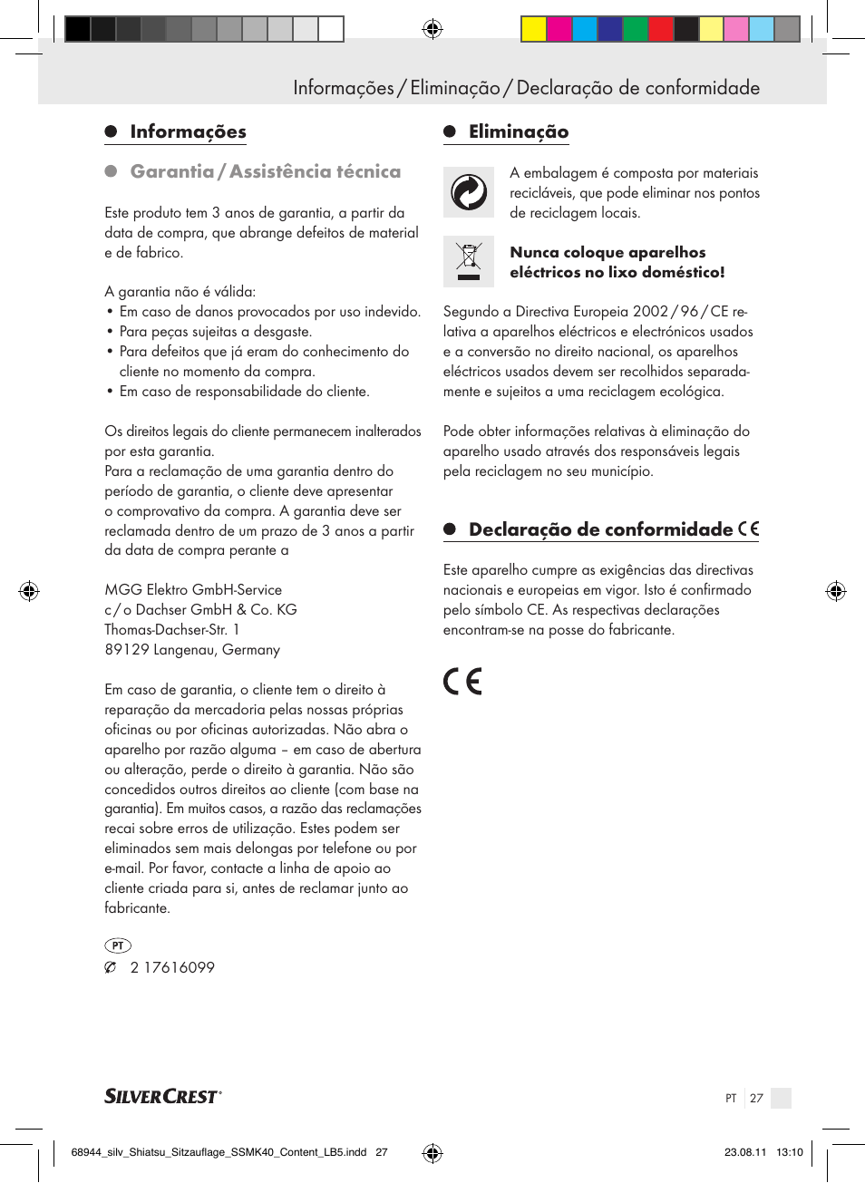 Informações garantia / assistência técnica, Eliminação, Declaração de conformidade | Silvercrest SSMK 40 B2 User Manual | Page 23 / 40