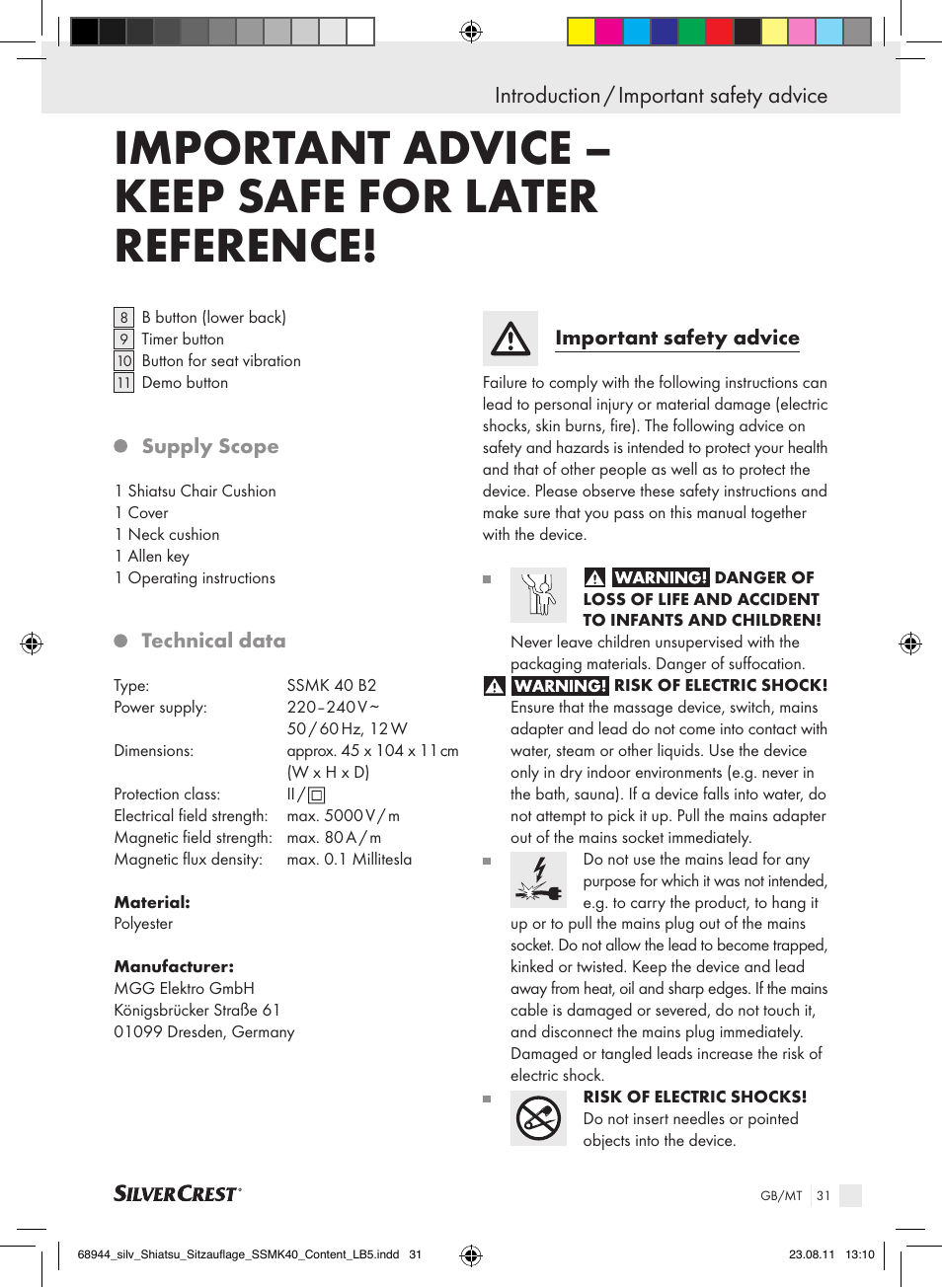 Important advice – keep safe for later reference, Introduction / important safety advice | Silvercrest SSMK 40 B2 User Manual | Page 27 / 40
