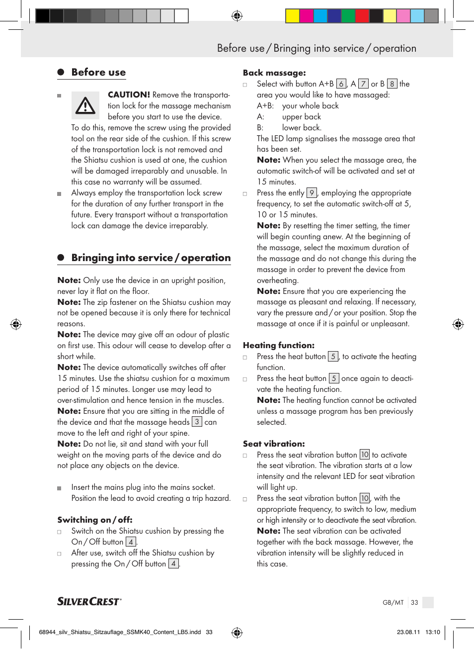 Before use / bringing into service / operation, Before use, Bringing into service / operation | Silvercrest SSMK 40 B2 User Manual | Page 29 / 40