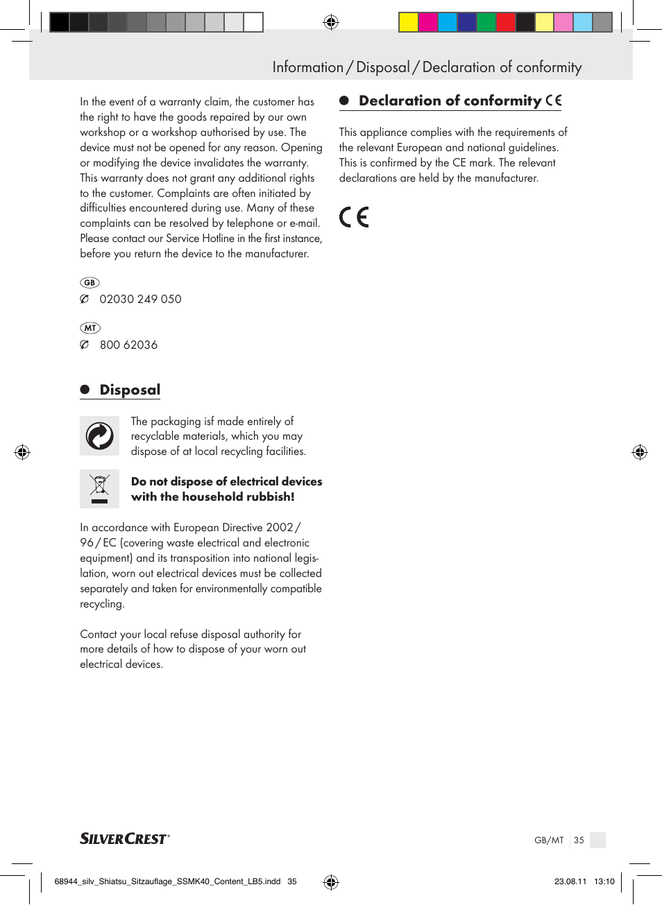 Information / disposal / declaration of conformity, Disposal, Declaration of conformity | Silvercrest SSMK 40 B2 User Manual | Page 31 / 40