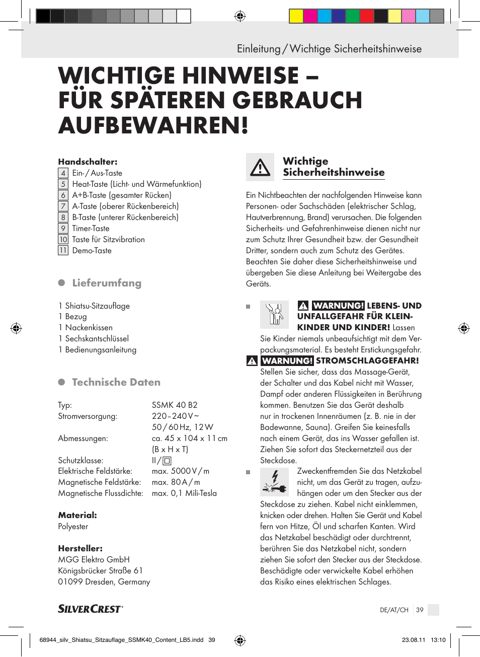 Einleitung / wichtige sicherheitshinweise | Silvercrest SSMK 40 B2 User Manual | Page 35 / 40