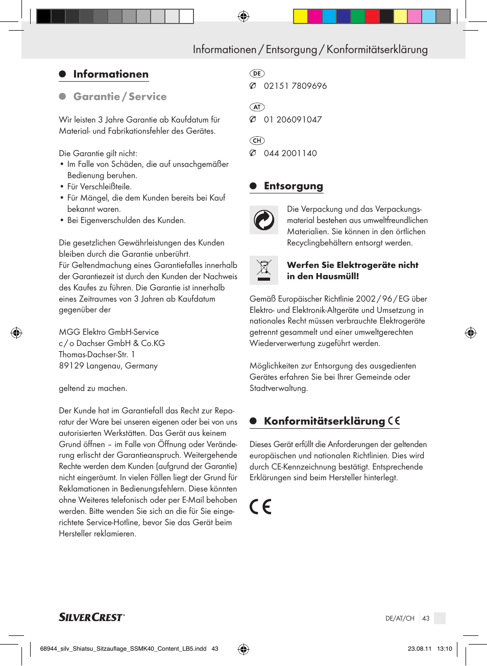 Informationen / entsorgung / konformitätserklärung, Informationen garantie / service, Entsorgung | Konformitätserklärung | Silvercrest SSMK 40 B2 User Manual | Page 39 / 40