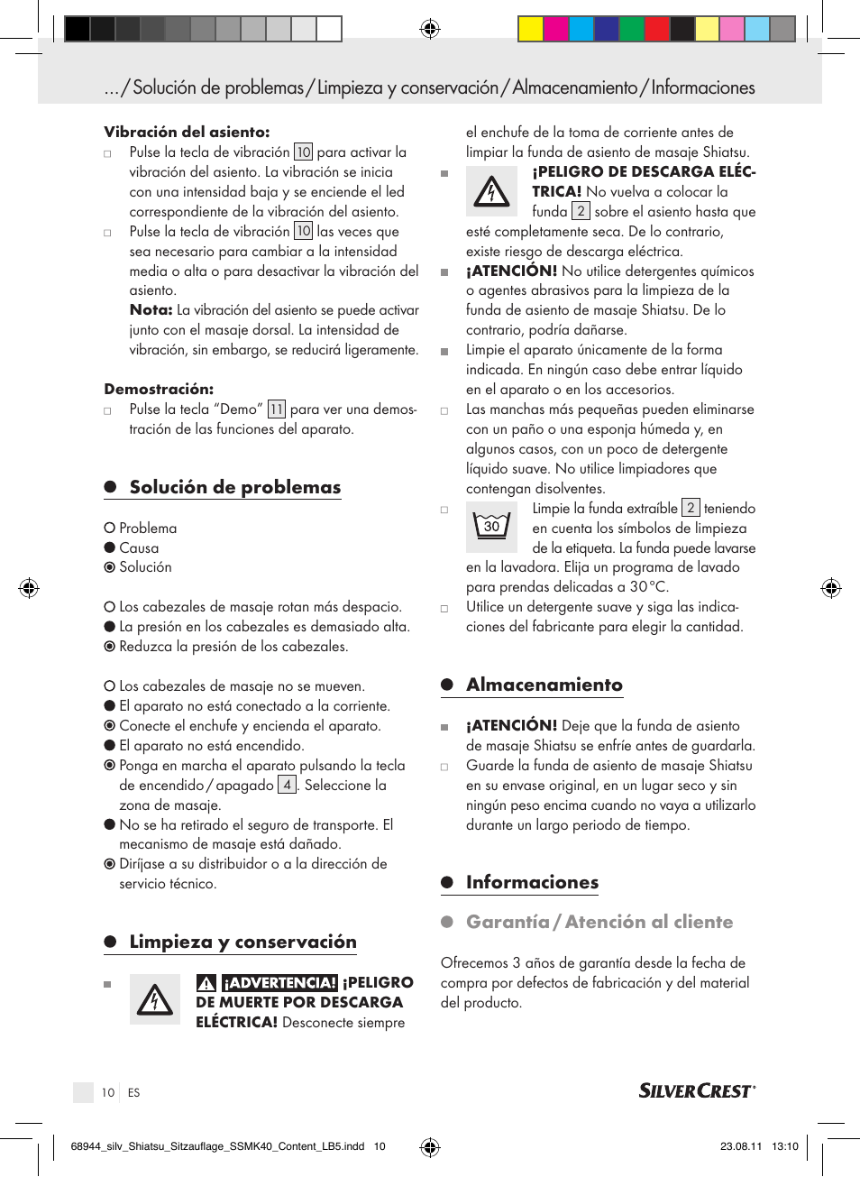 Solución de problemas, Limpieza y conservación, Almacenamiento | Informaciones garantía / atención al cliente | Silvercrest SSMK 40 B2 User Manual | Page 6 / 40