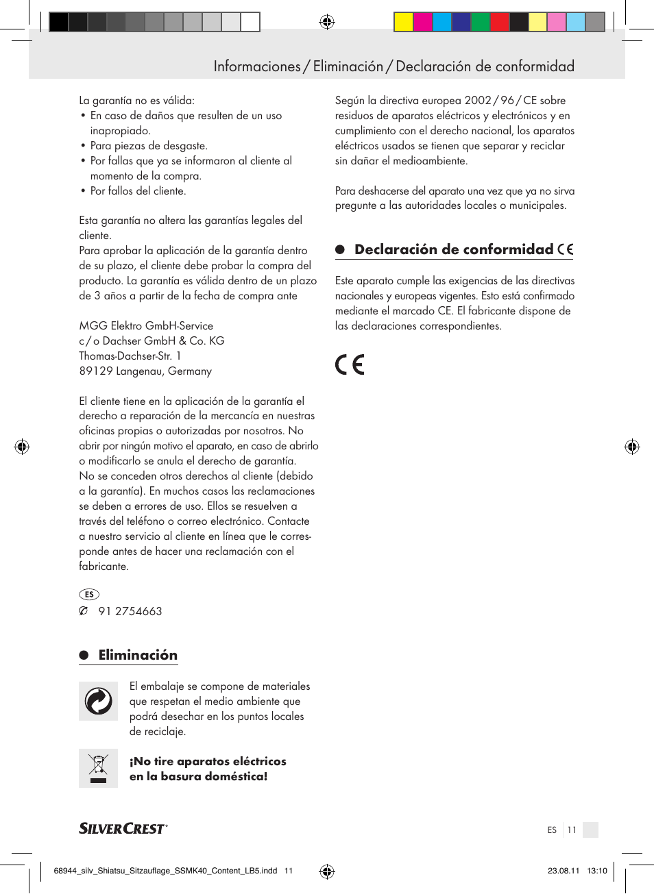 Eliminación, Declaración de conformidad | Silvercrest SSMK 40 B2 User Manual | Page 7 / 40