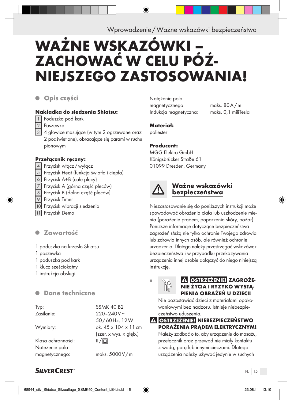 Wprowadzenie / ważne wskazówki bezpieczeństwa | Silvercrest SSMK 40 B2 User Manual | Page 11 / 56