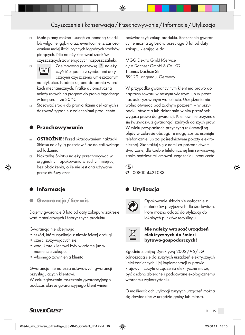 Przechowywanie, Informacje gwarancja / serwis, Utylizacja | Silvercrest SSMK 40 B2 User Manual | Page 15 / 56