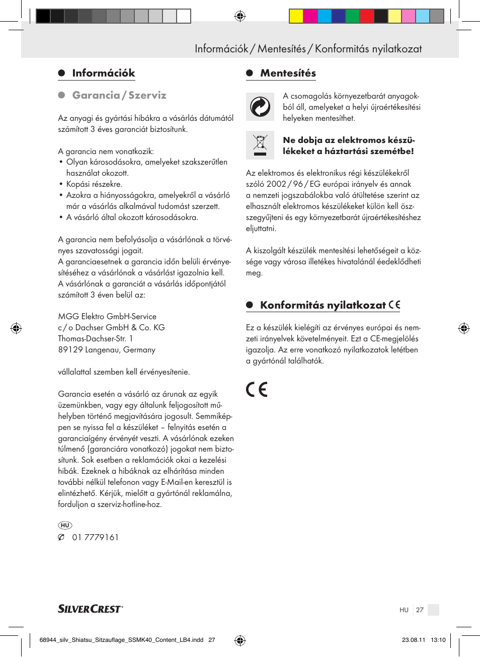 Információk / mentesítés / konformitás nyilatkozat, Információk garancia / szerviz, Mentesítés | Konformitás nyilatkozat | Silvercrest SSMK 40 B2 User Manual | Page 23 / 56