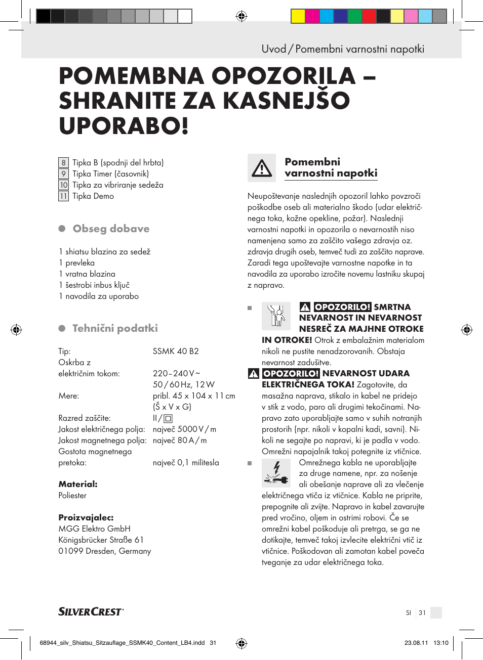 Pomembna opozorila – shranite za kasnejšo uporabo, Uvod / pomembni varnostni napotki | Silvercrest SSMK 40 B2 User Manual | Page 27 / 56