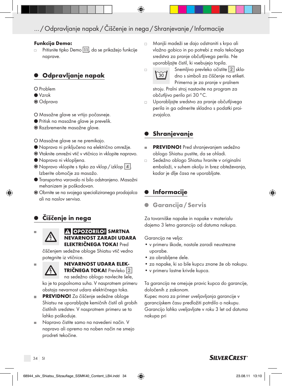 Odpravljanje napak, Čiščenje in nega, Shranjevanje | Informacije garancija / servis | Silvercrest SSMK 40 B2 User Manual | Page 30 / 56