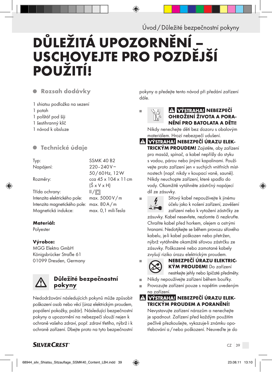 Úvod / důležité bezpečnostní pokyny | Silvercrest SSMK 40 B2 User Manual | Page 35 / 56