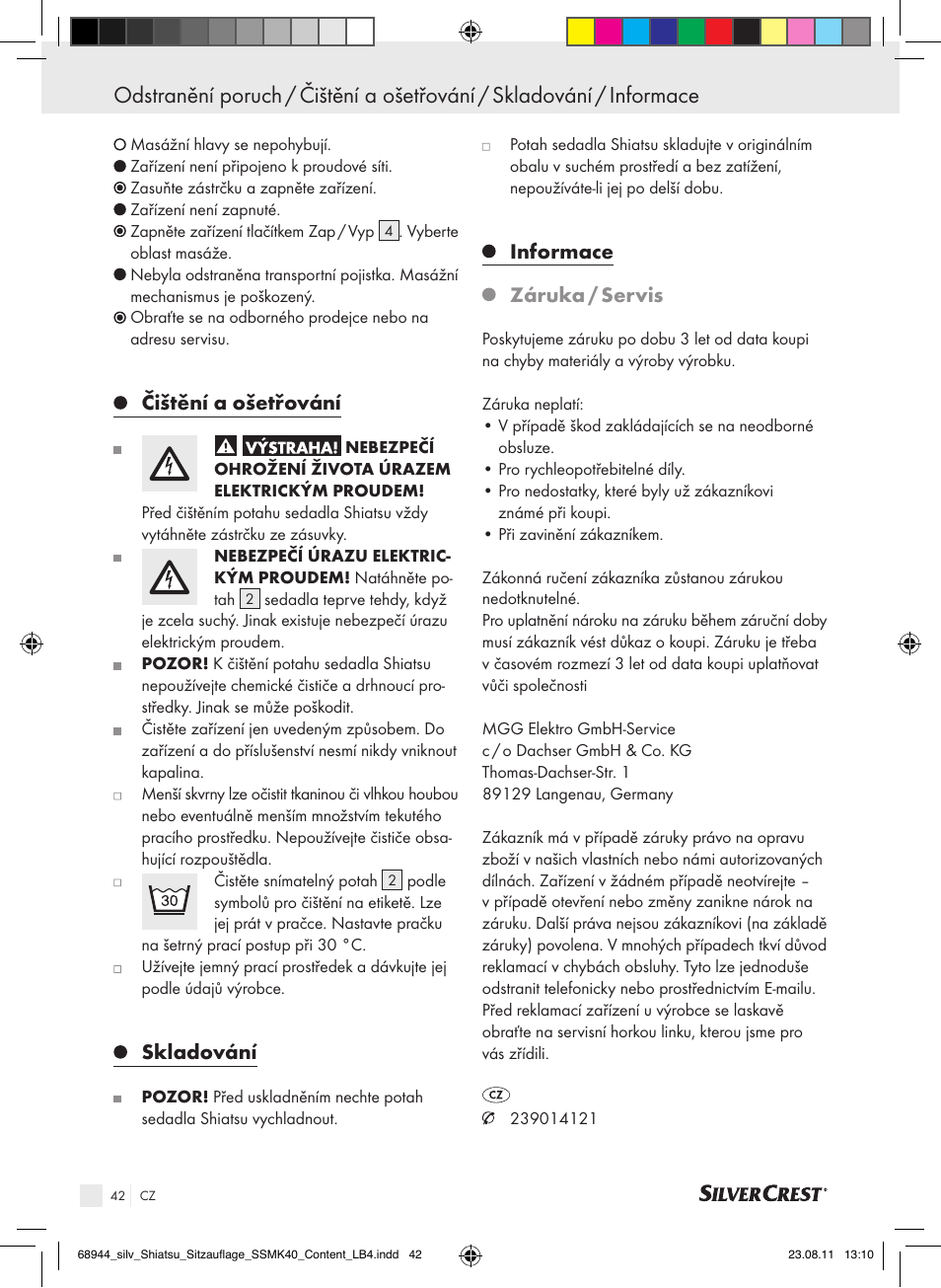 Čištění a ošetřování, Skladování, Informace záruka / servis | Silvercrest SSMK 40 B2 User Manual | Page 38 / 56