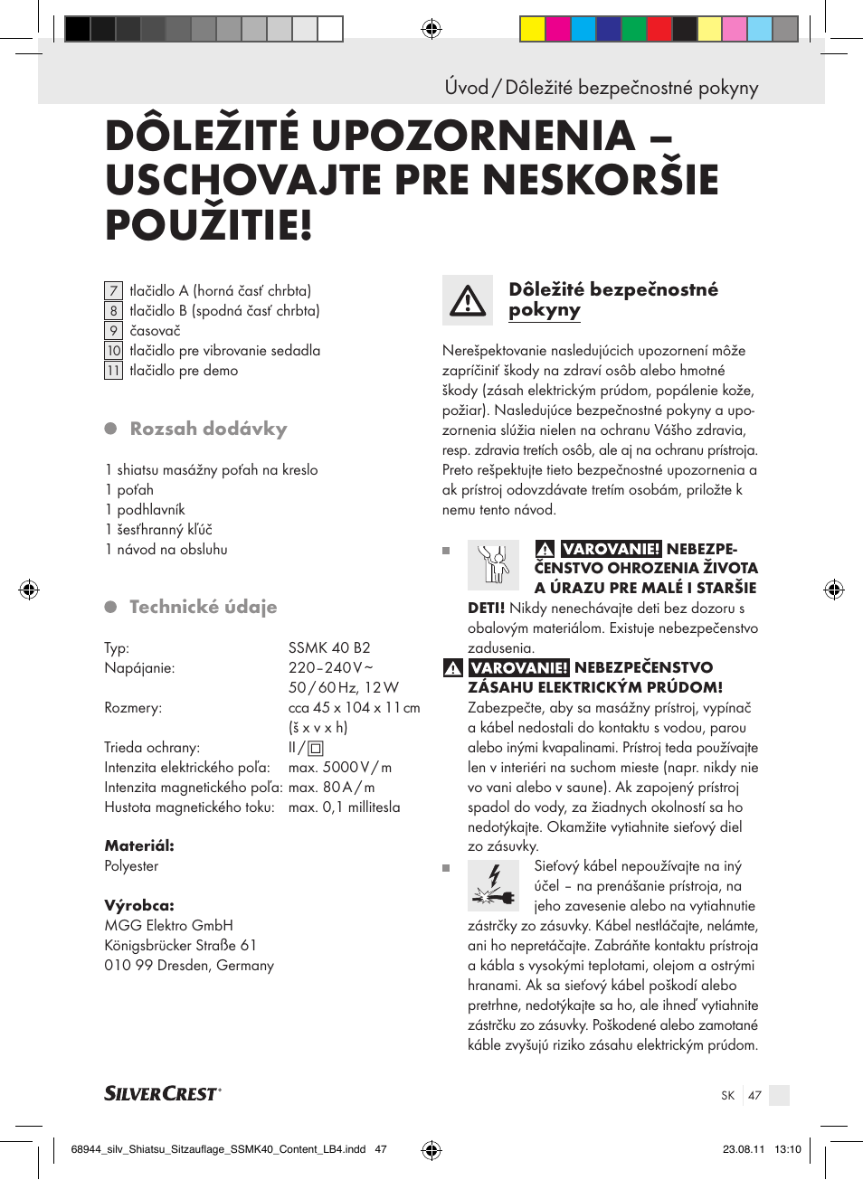 Úvod / dôležité bezpečnostné pokyny | Silvercrest SSMK 40 B2 User Manual | Page 43 / 56