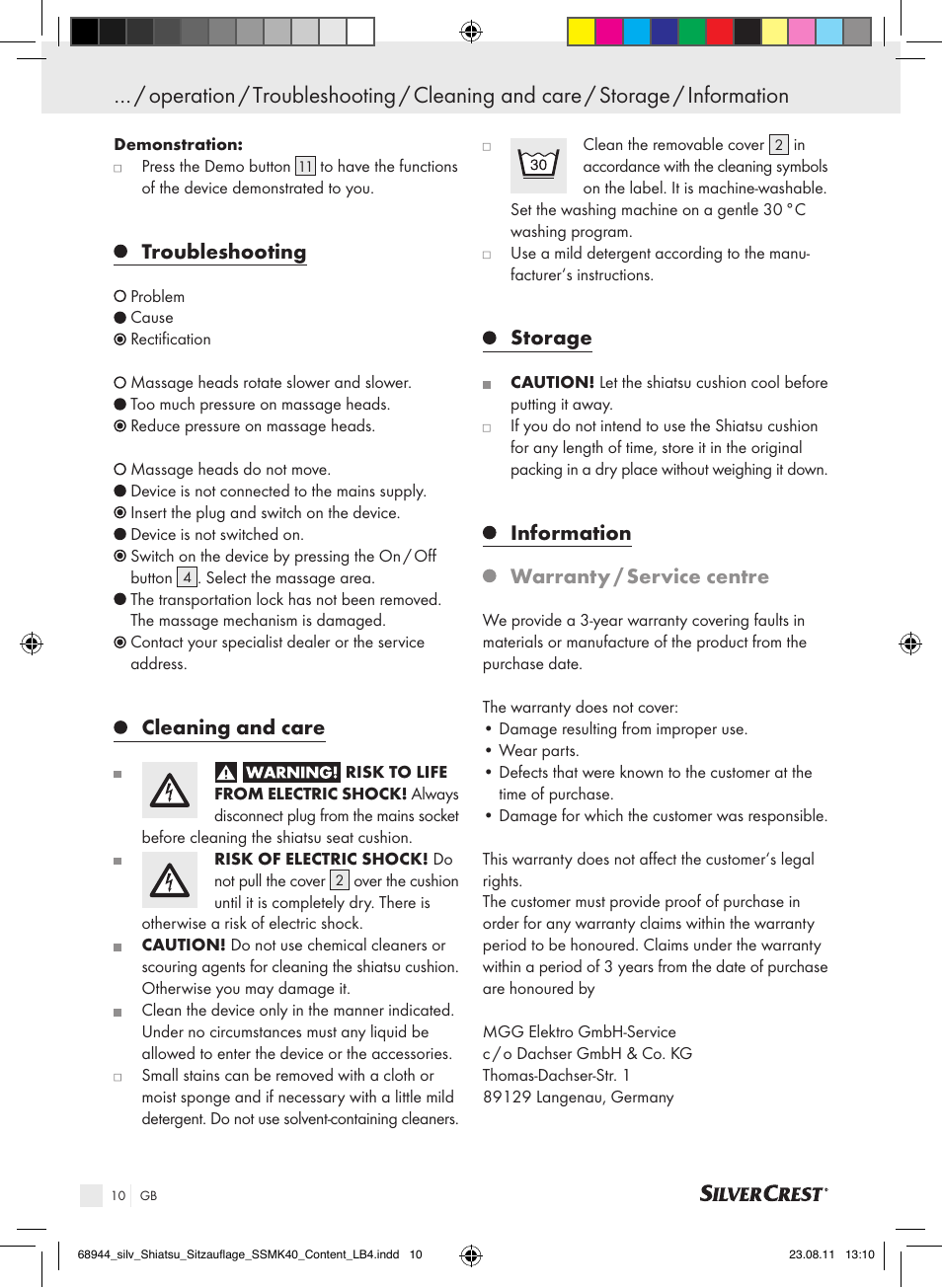 Troubleshooting, Cleaning and care, Storage | Information warranty / service centre | Silvercrest SSMK 40 B2 User Manual | Page 6 / 56