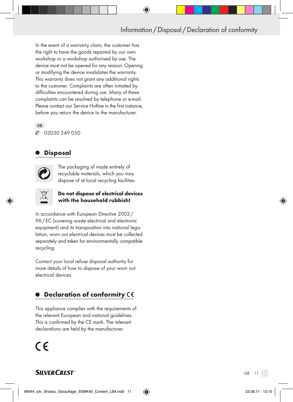 Information / disposal / declaration of conformity, Disposal, Declaration of conformity | Silvercrest SSMK 40 B2 User Manual | Page 7 / 56