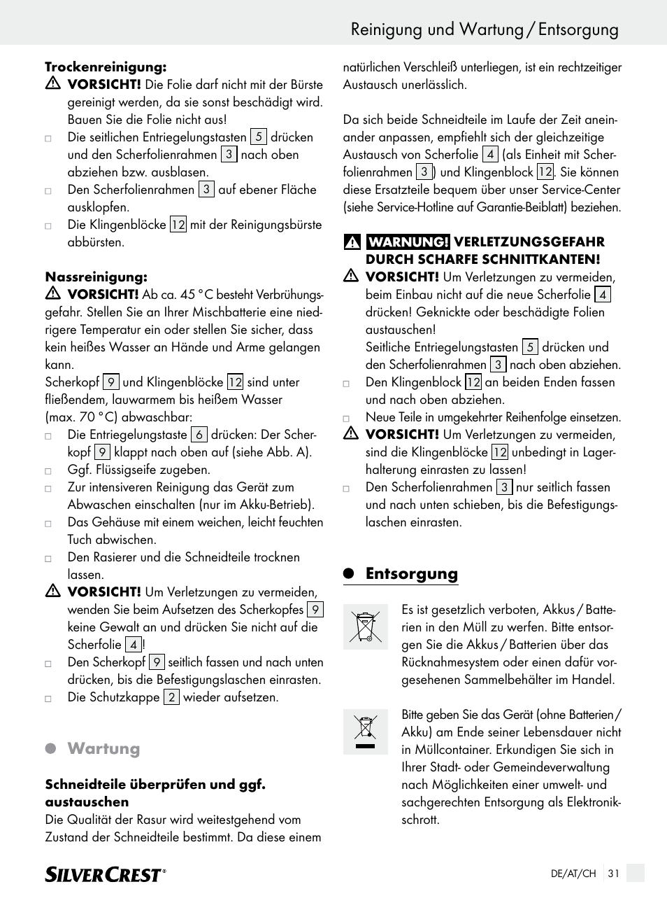 Reinigung und wartung / entsorgung, Wartung, Entsorgung | Silvercrest SFR 1200 A1 User Manual | Page 31 / 45