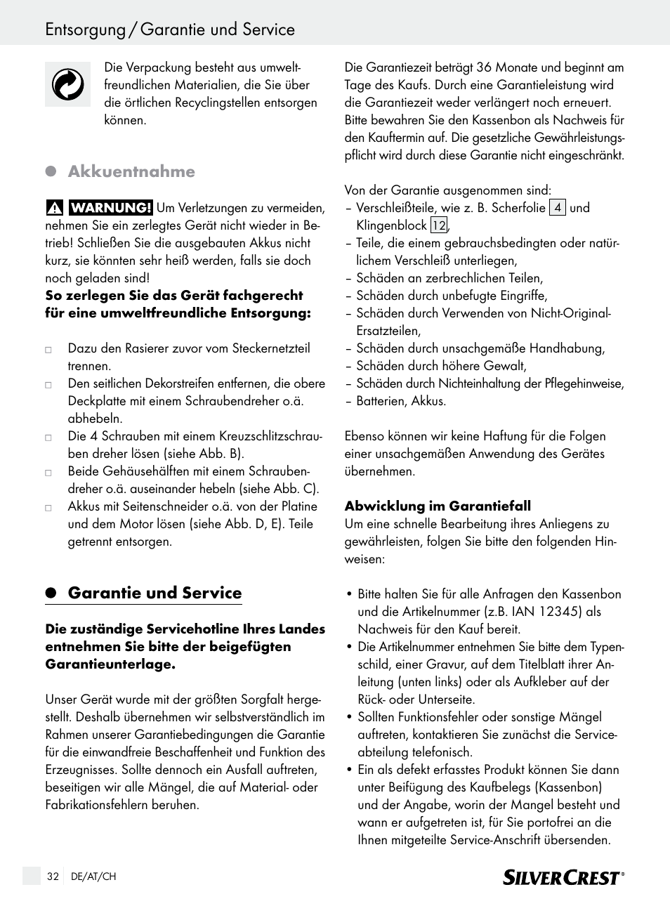Entsorgung / garantie und service, Akkuentnahme, Garantie und service | Silvercrest SFR 1200 A1 User Manual | Page 32 / 45