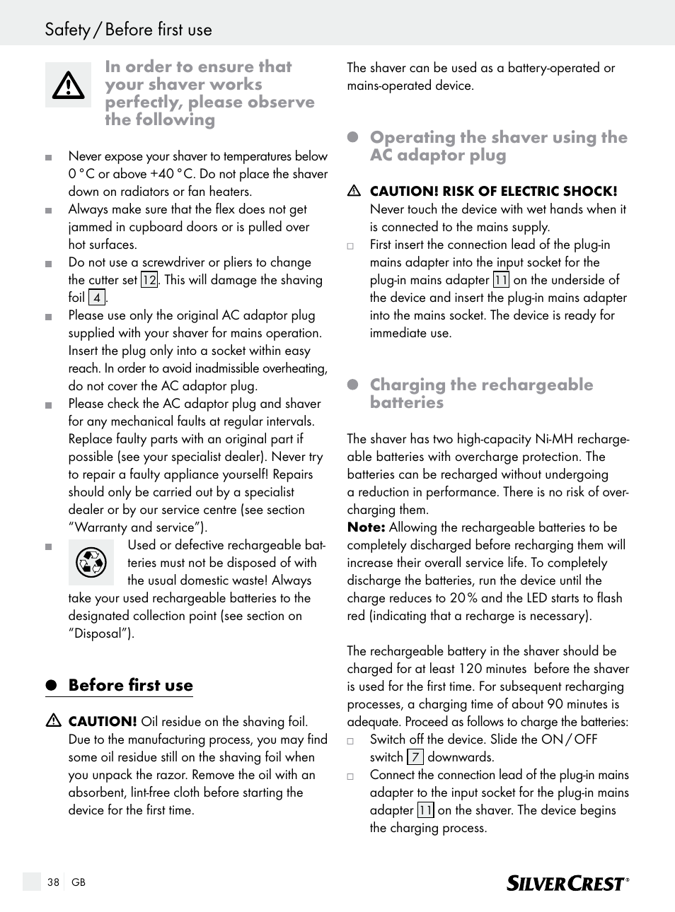 Safety / before first use, Before first use, Operating the shaver using the ac adaptor plug | Charging the rechargeable batteries | Silvercrest SFR 1200 A1 User Manual | Page 38 / 45