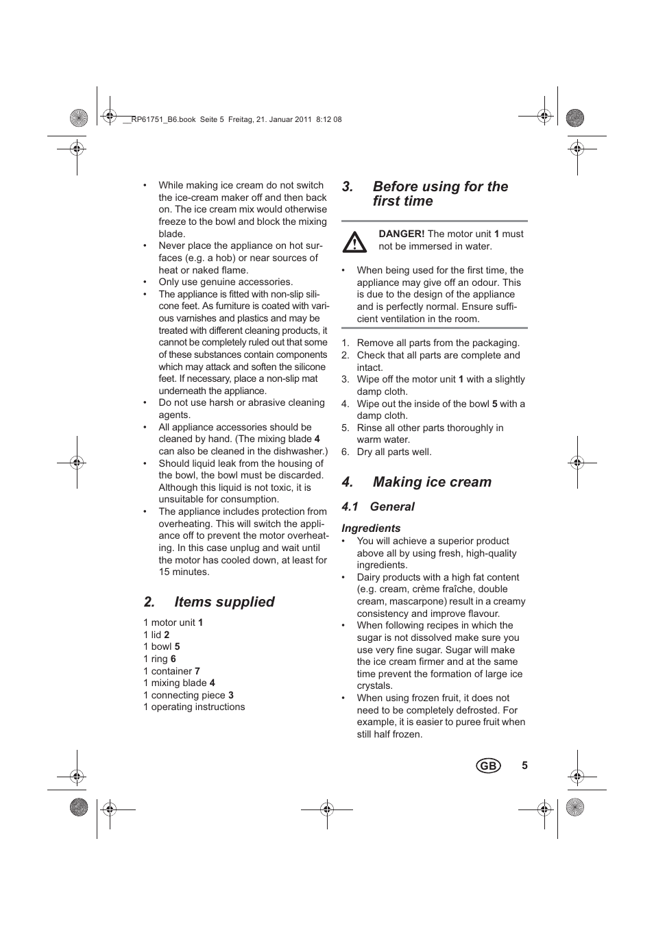 Items supplied, Before using for the first time, Making ice cream | Silvercrest SECM 12 A1 User Manual | Page 7 / 14