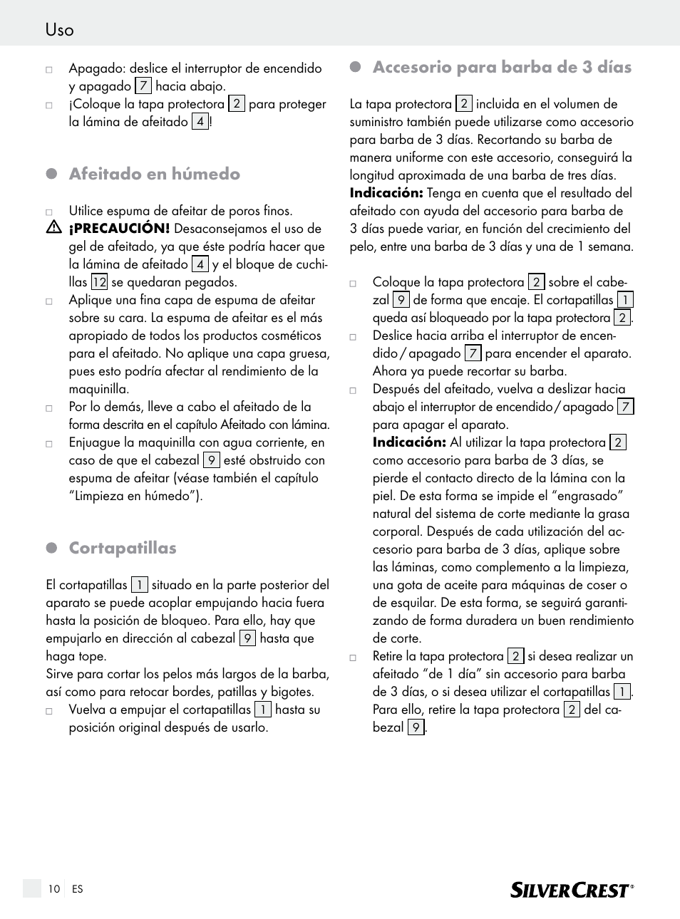 Afeitado en húmedo, Cortapatillas, Accesorio para barba de 3 días | Silvercrest SFR 1200 A1 User Manual | Page 10 / 55