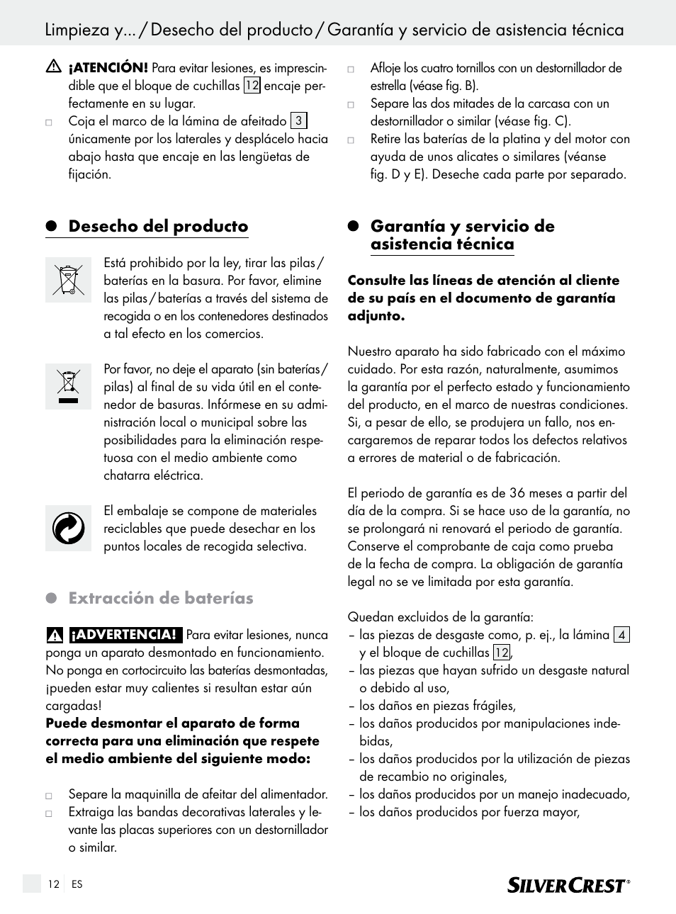 Desecho del producto, Extracción de baterías, Garantía y servicio de asistencia técnica | Silvercrest SFR 1200 A1 User Manual | Page 12 / 55